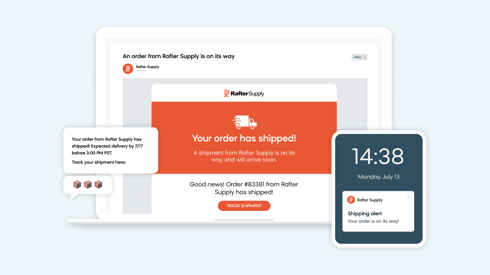 Bloomreach demonstrating their product's capability to send automated order confirmations and shipping notifications to customers