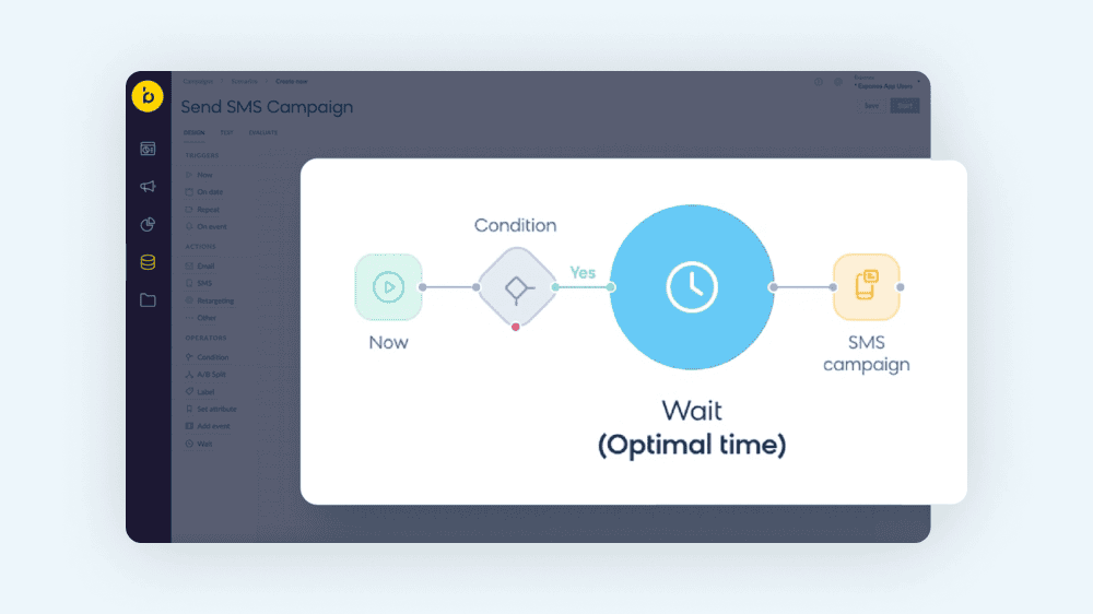 Bloomreach demonstrating how their product can use AI to automatically determine the optimal time to send an SMS