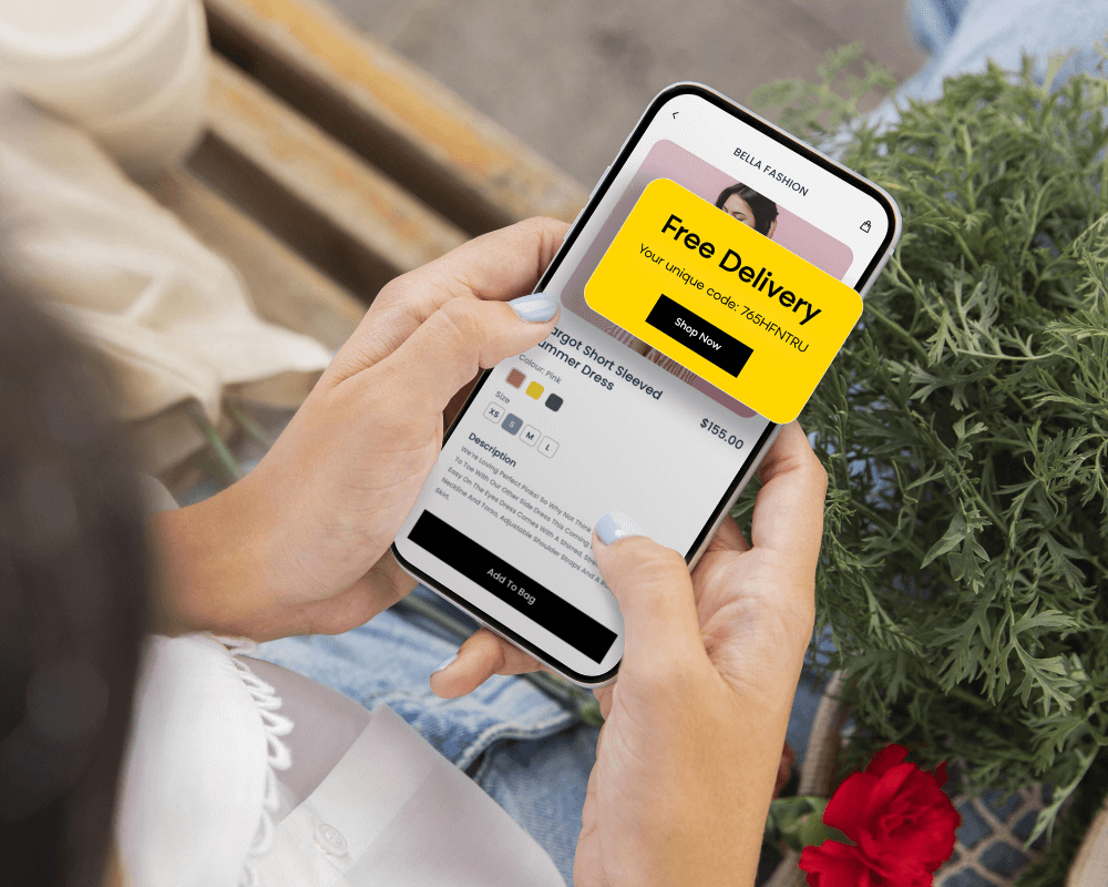 Woman looking at free delivery offer on her mobile phone